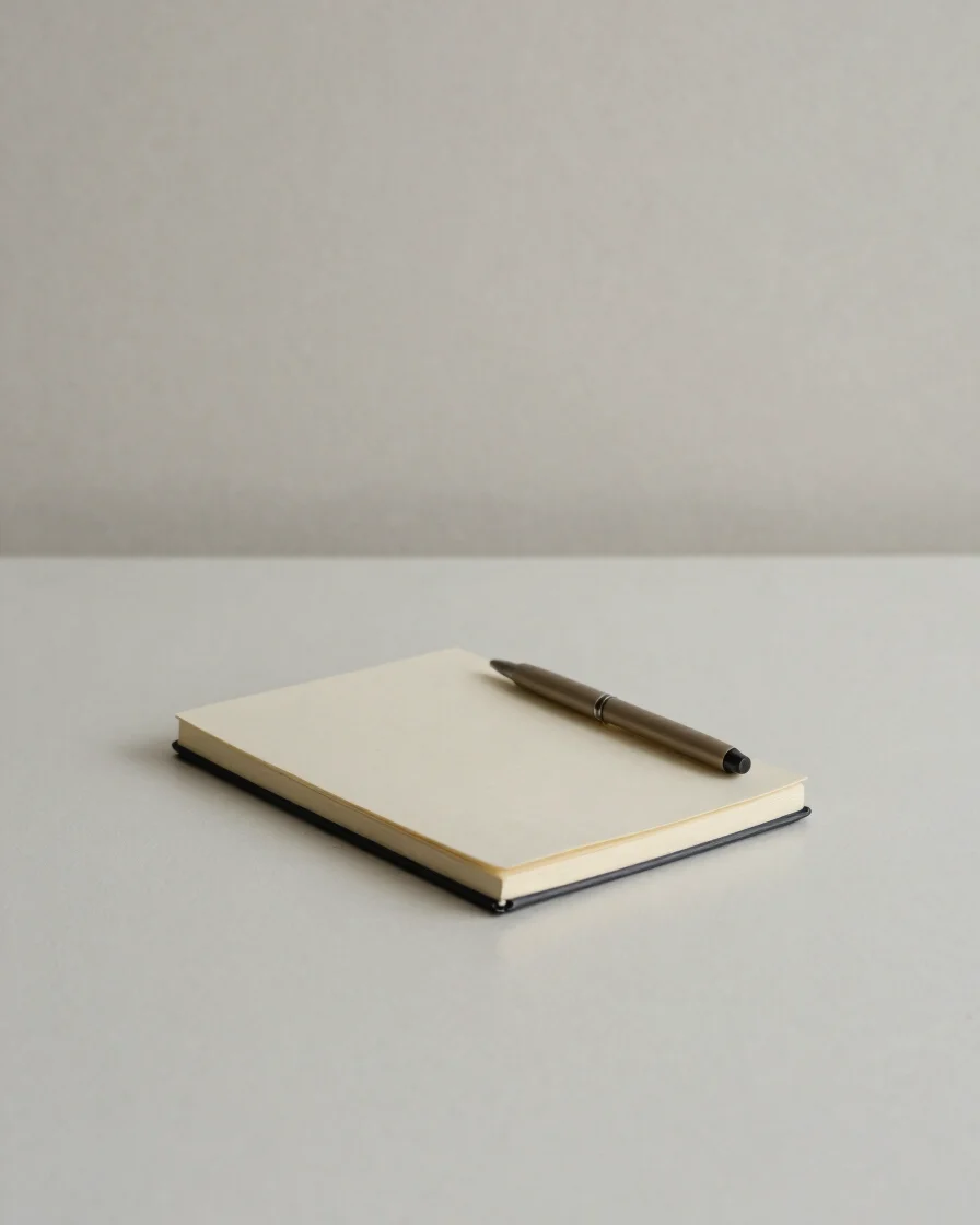 Minimal editorial photograph of an uncluttered desk surface with a single notebook and pen, soft neutral daylight, restr
