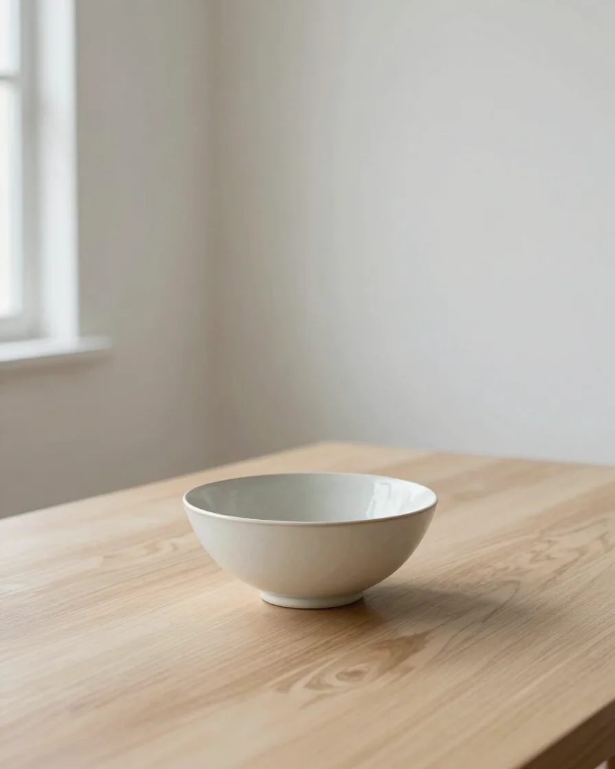Minimal editorial photograph of a single ceramic bowl on a pale oak table, soft neutral daylight from a side window, res