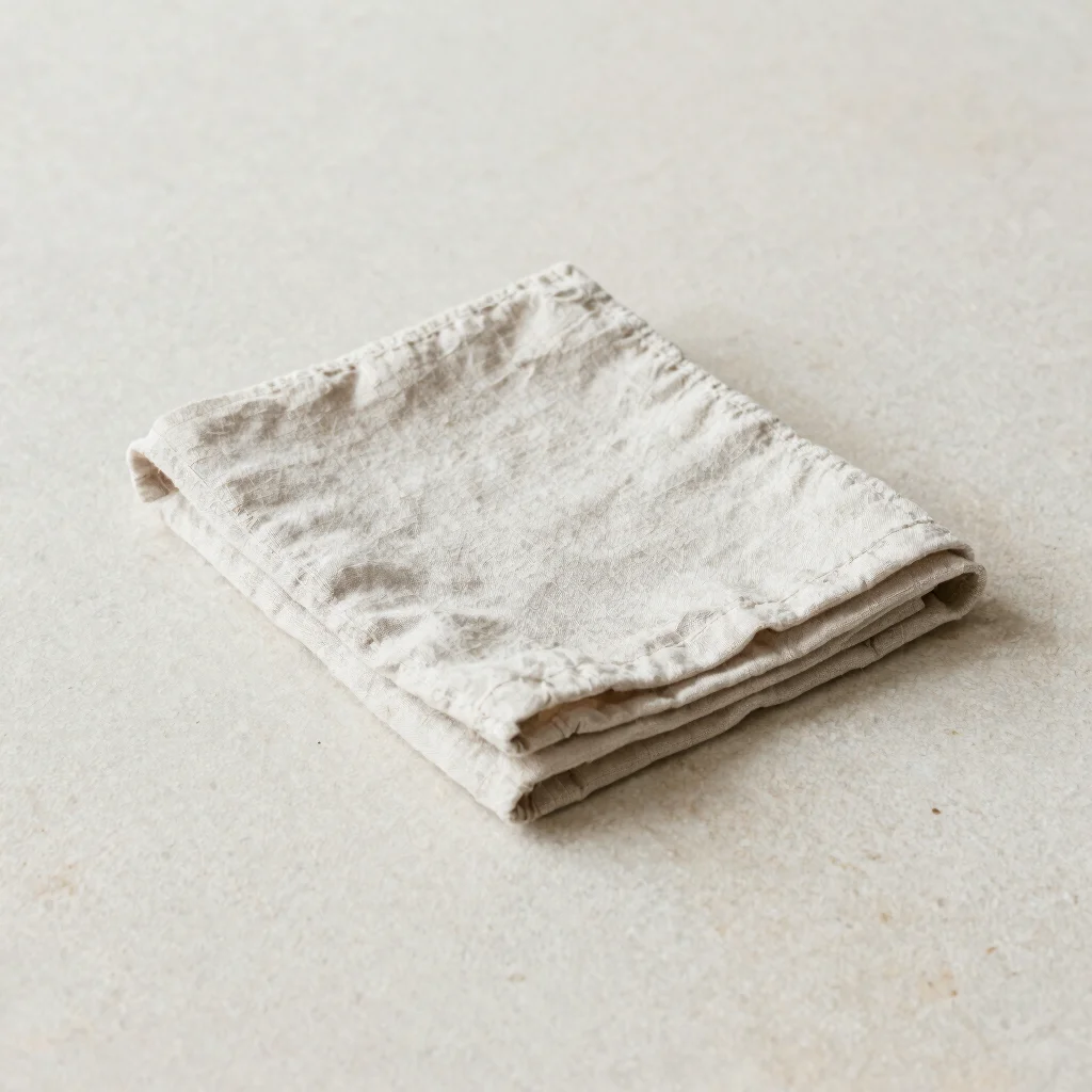Minimal editorial still of a folded linen cloth on a pale stone surface, soft neutral daylight, uncluttered composition,