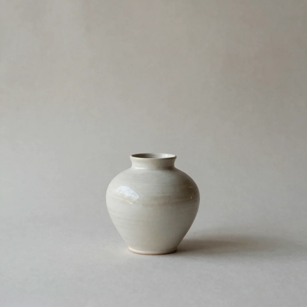 Minimal editorial still of a ceramic vessel on a plain neutral backdrop, soft natural light, restrained tones, 50mm lens