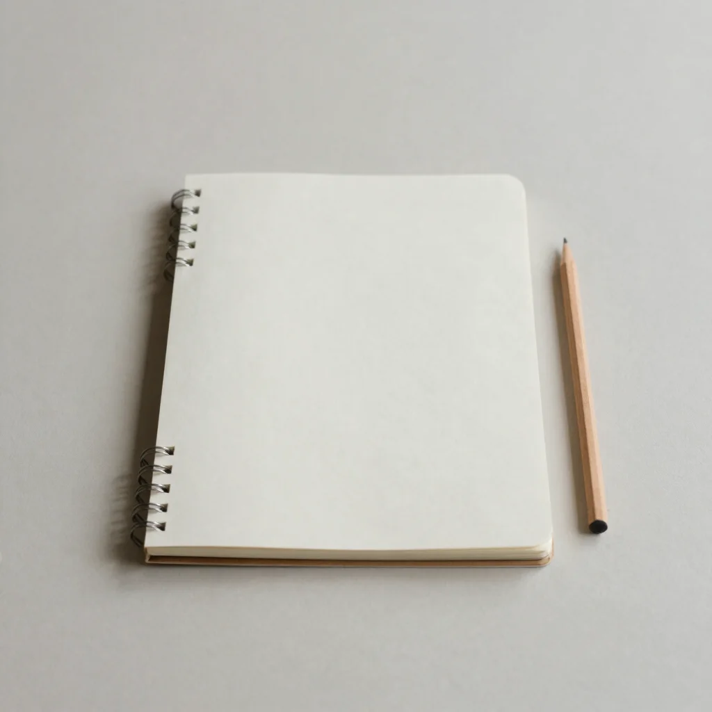 Minimal editorial still of a blank notebook and pencil on a light tabletop, soft neutral daylight, uncluttered framing,