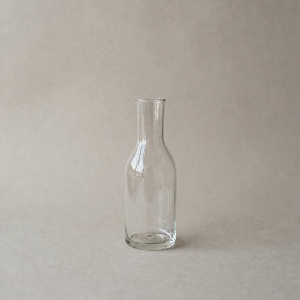 Minimal editorial still of a glass carafe on a matte neutral surface, soft natural light, restrained natural tones, 50mm