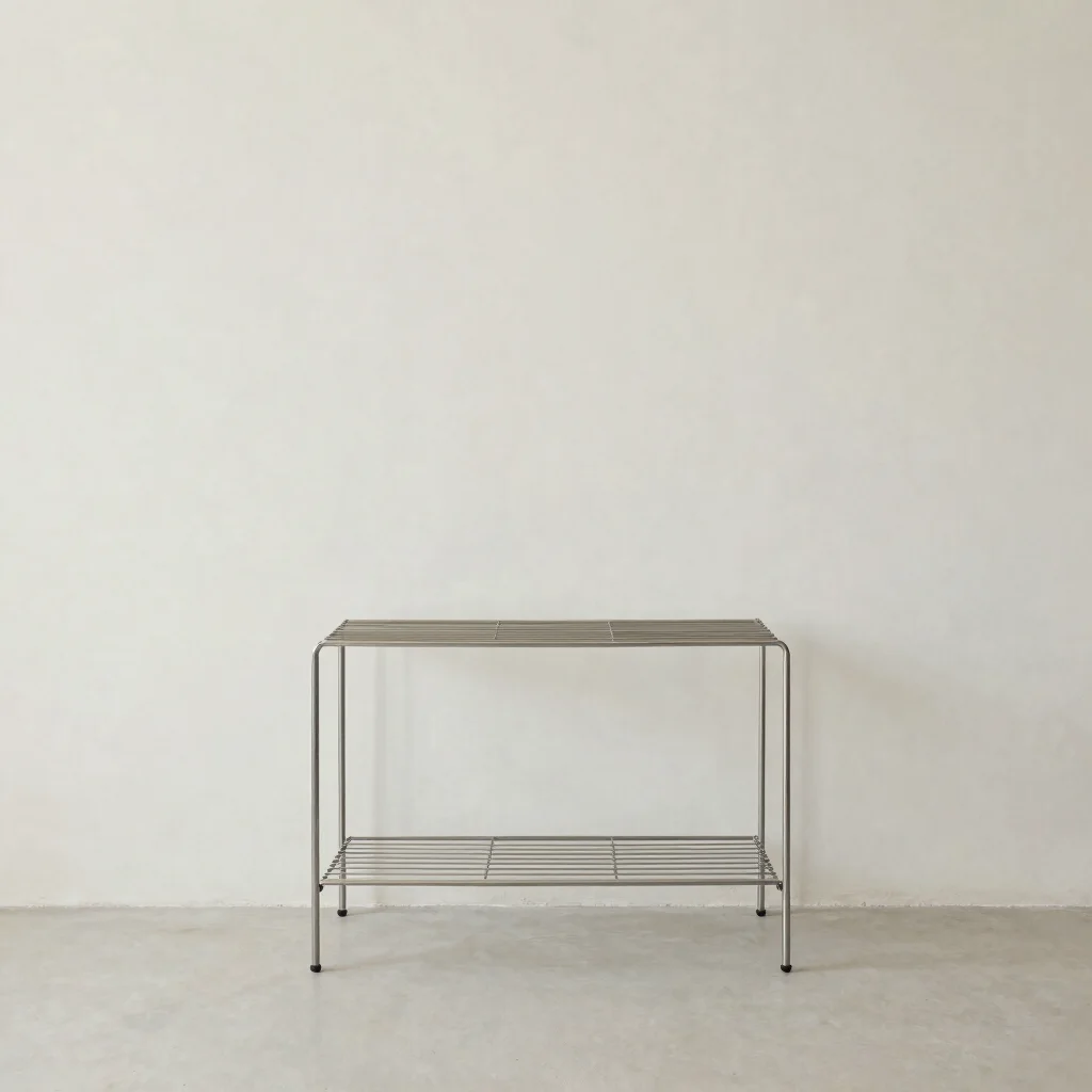 Minimal editorial still of a simple wire rack against a pale wall, soft neutral daylight, uncluttered composition, 50mm
